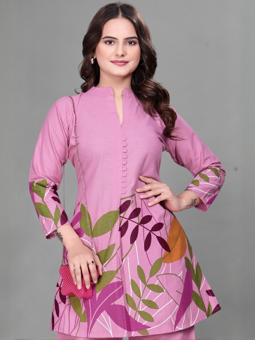 SWORNY FASHION Floral Printed Mandarin Collar Pure Cotton A-Line Kurti With Palazzos