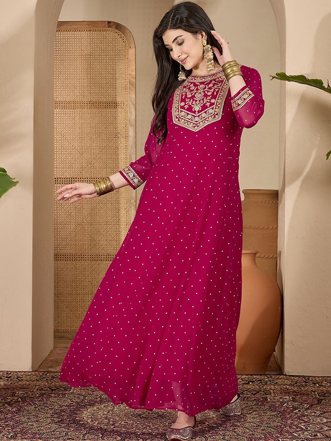 Sangria Women Dark Pink Embroidered Round Neck Georgette Zari Sequence Dress
