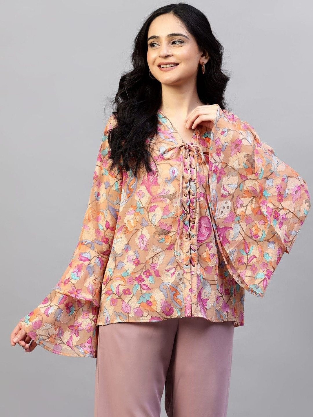 PRIMEVISTA Women Floral Printed Tie-Up Neck Bell Sleeve Top