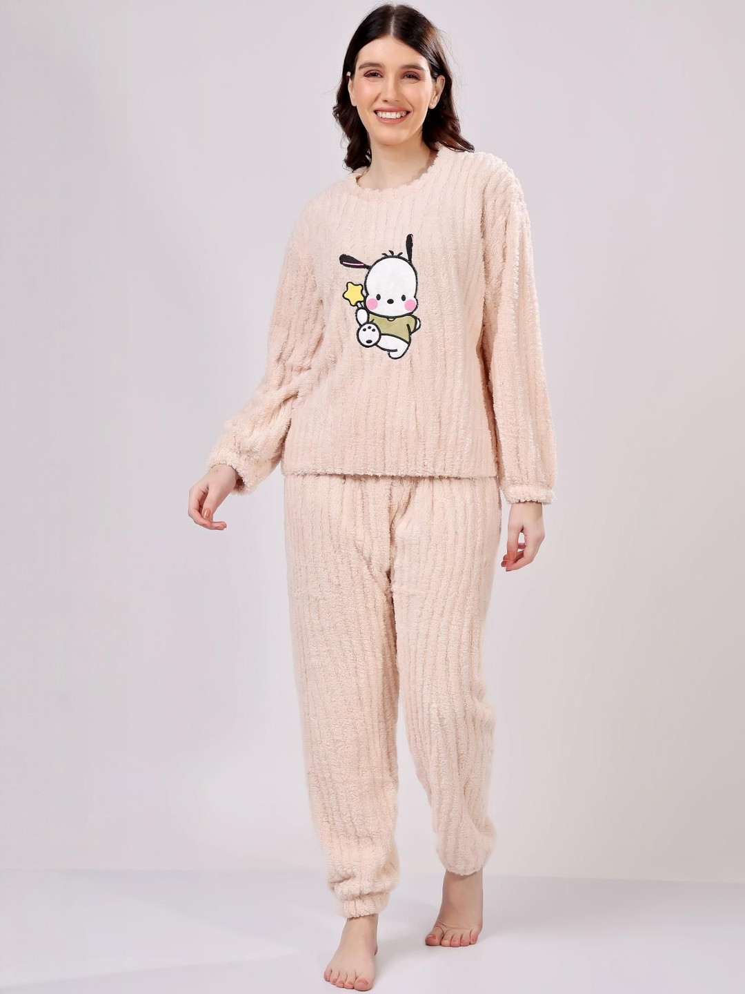 Stem Rope Women Solid Woollen Winter Night Suits