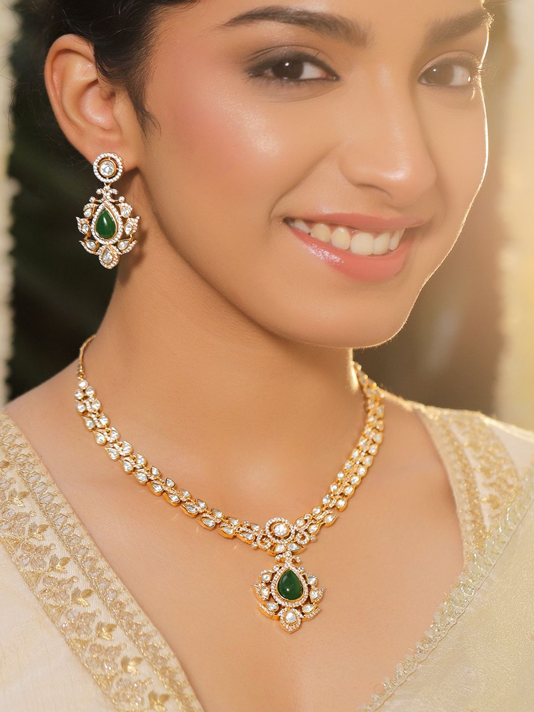 Rubans 22K Gold-Plated Kundan & Cubic Zirconia Necklace Set with Emerald Green Stones