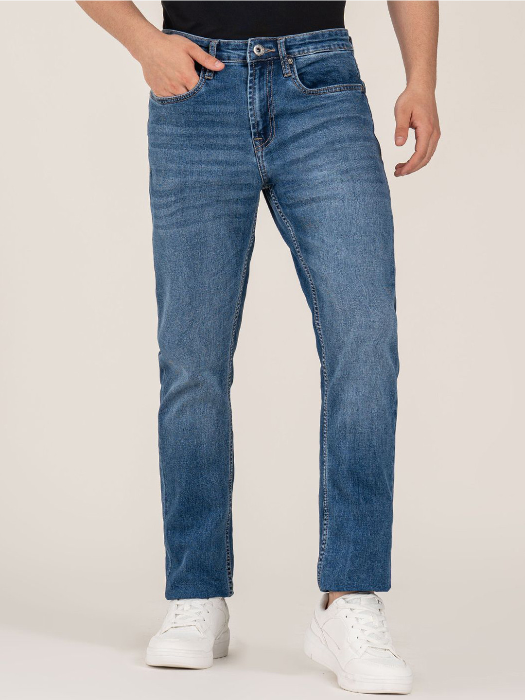 Red Tape Men Straight Fit Mid-Rise Light Fade Stretchable Whiskers and Chevrons Jeans