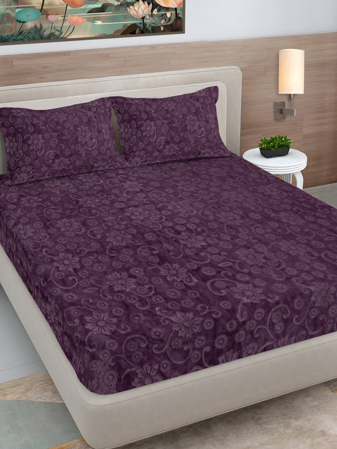 FABINALIV Purple Floral 300 TC Woollen King Size Fitted Double Bedsheet & 2 Pillow Covers