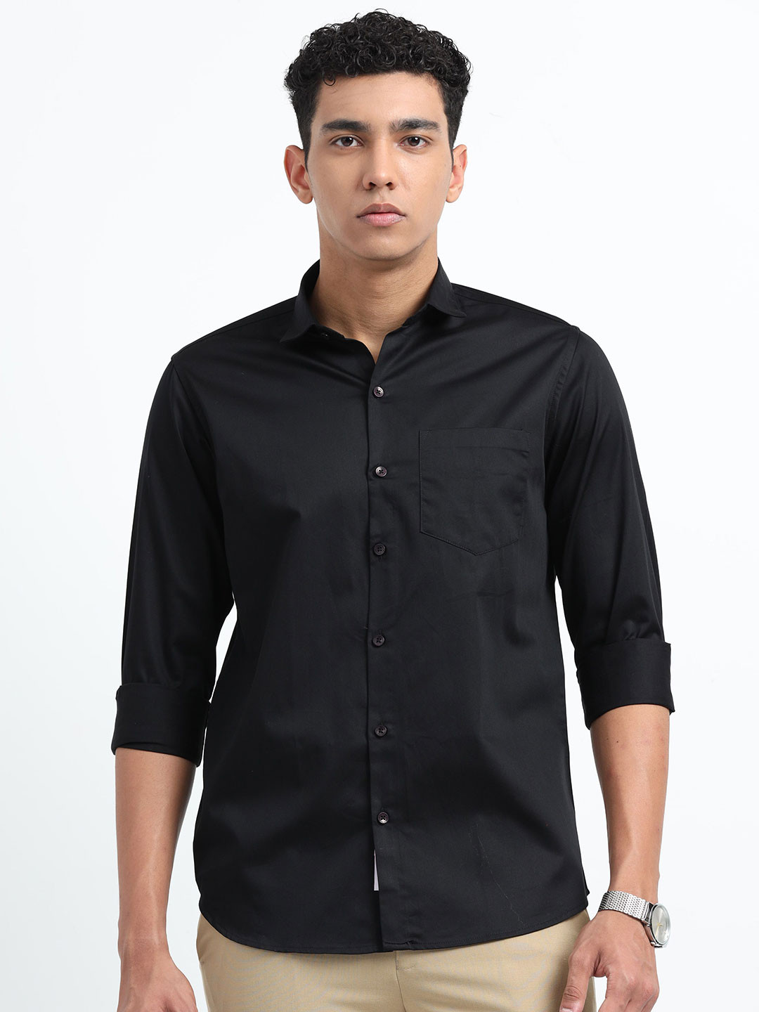 U.S. PITCHERS Men Regular Fit Solid Spread Collar Casual Shirt