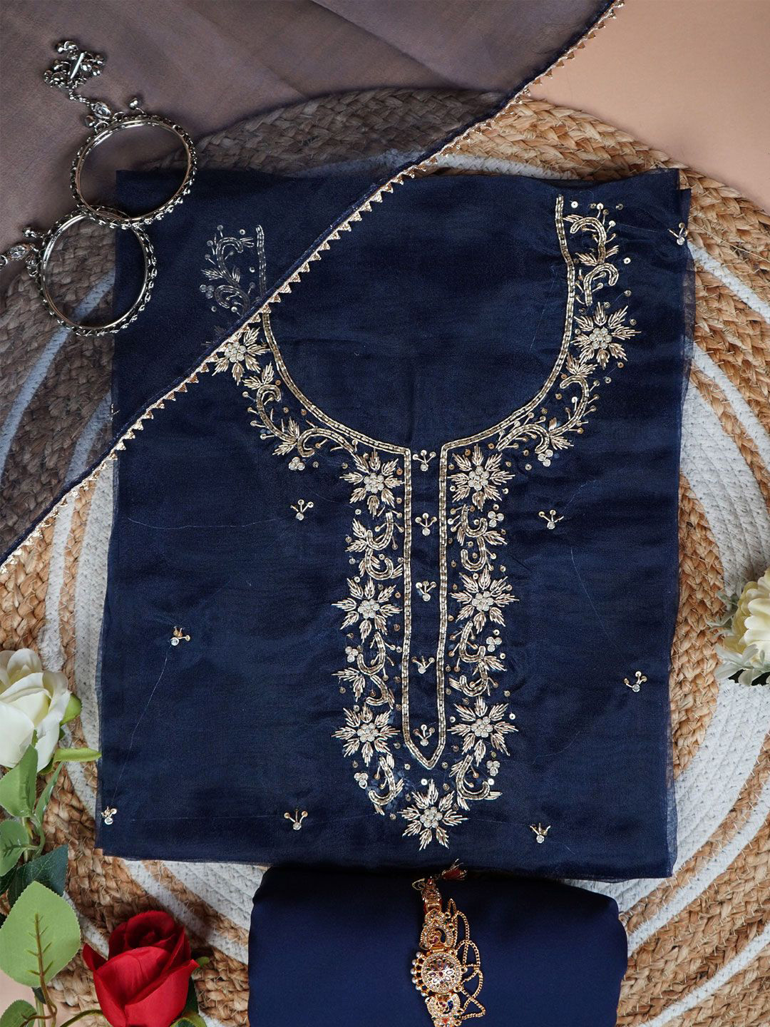 Achrangi Embroidery Beads & Stones Organza Unstitched Dress Material