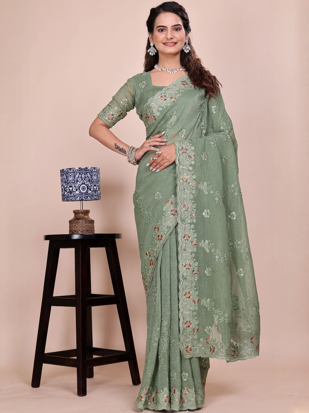 K 5 Fashion Embroidered Tissue Saree