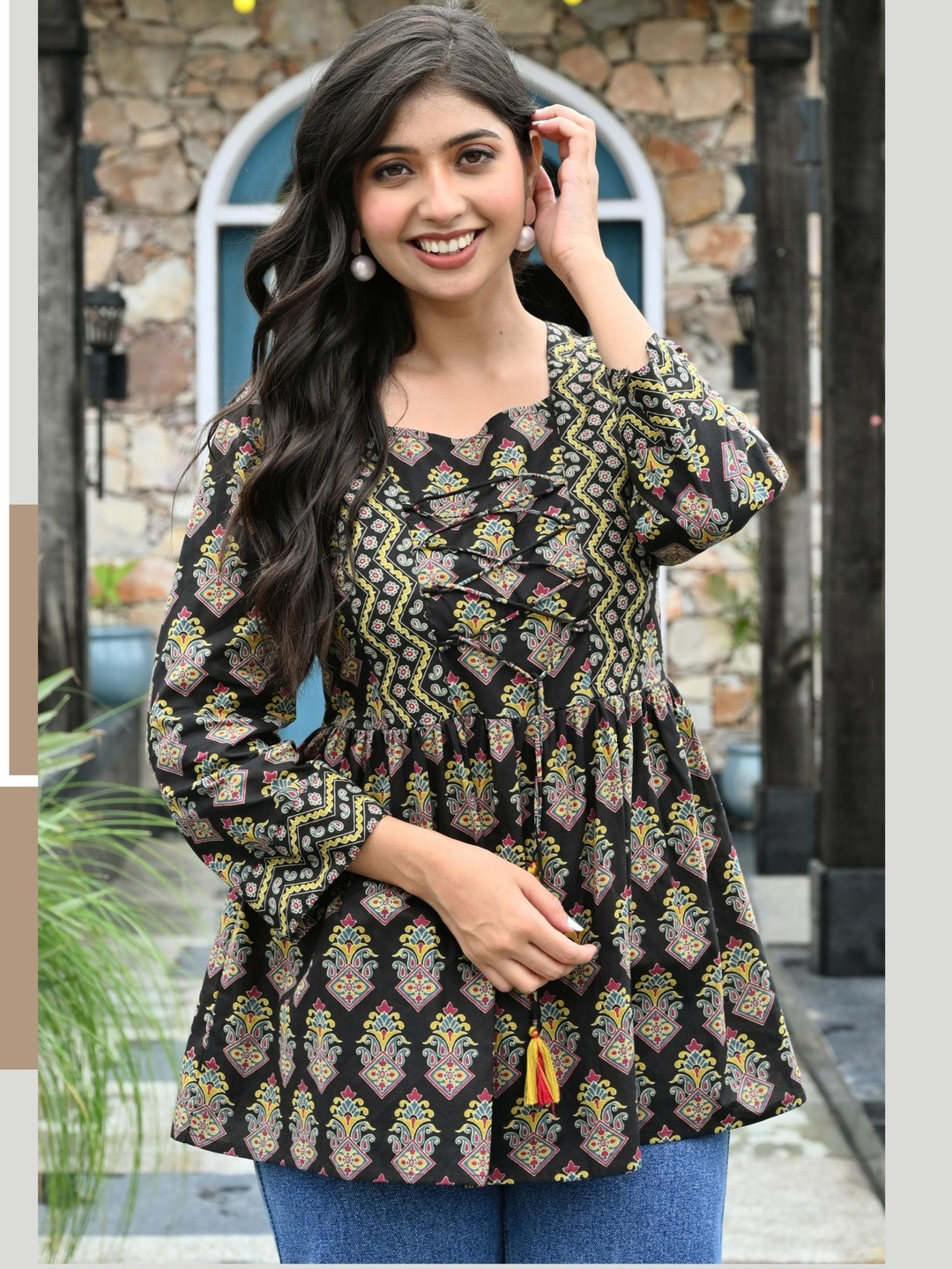 NG FASHION Women Ethnic Motifs Printed Cotton Peplum Top