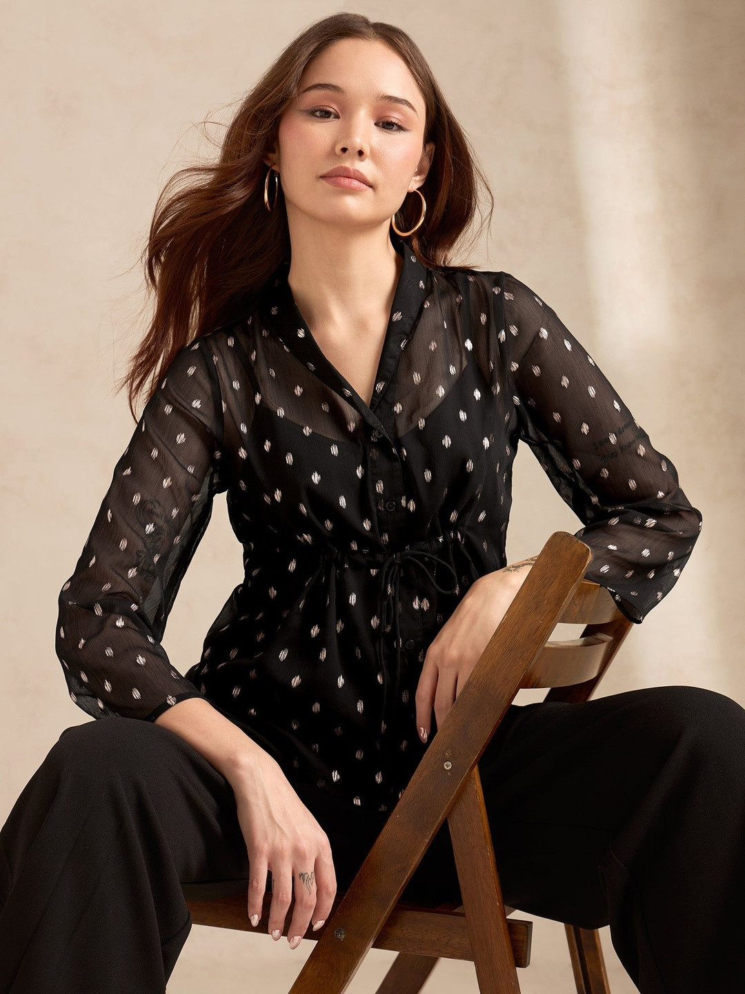 Outzidr Women Black Printed Lapel Collar & Drawstring Top