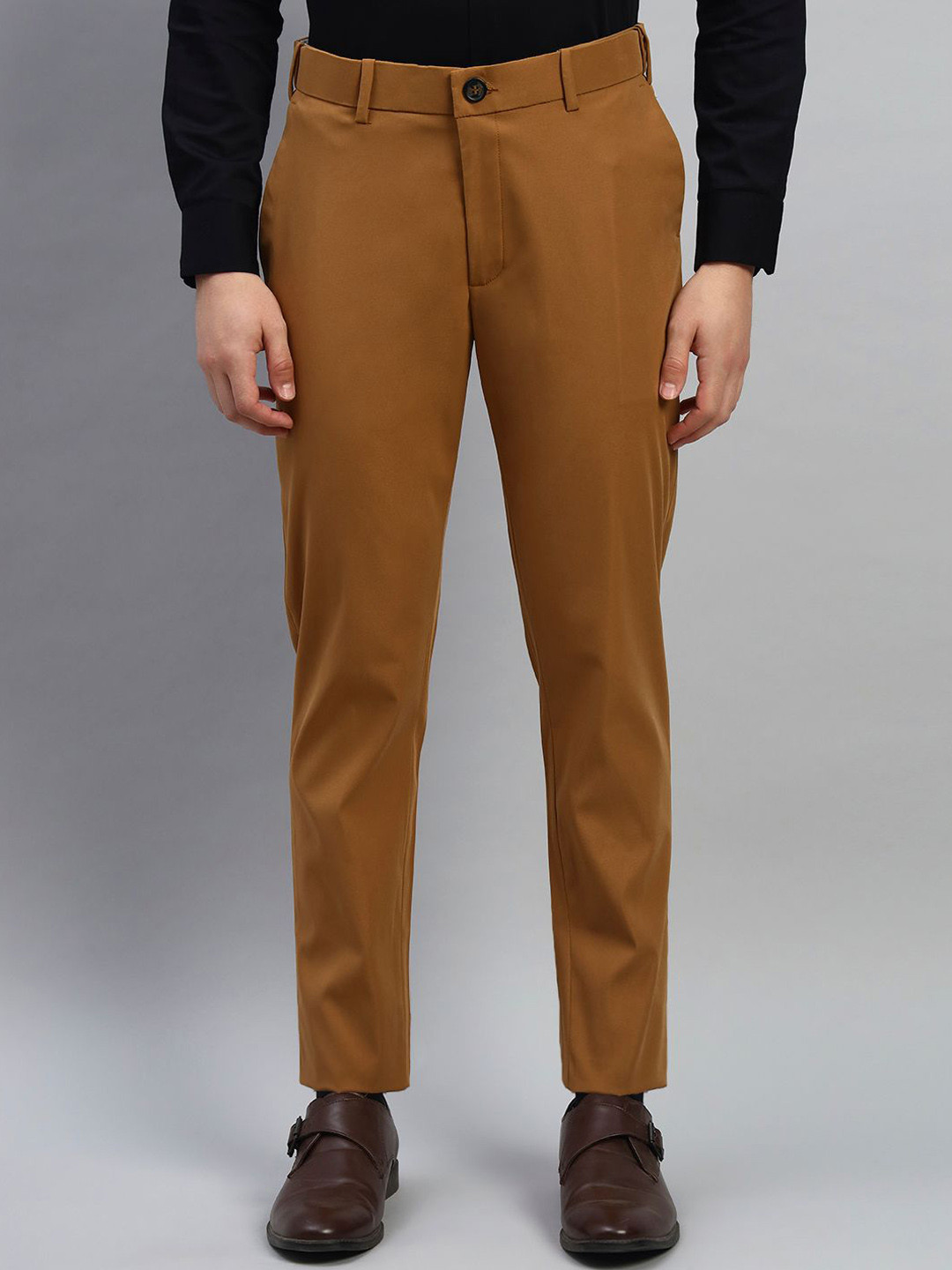AXNIS Men Solid Slim Fit Wrinkle-Resistant Formal Trousers with Stretchable Waistband