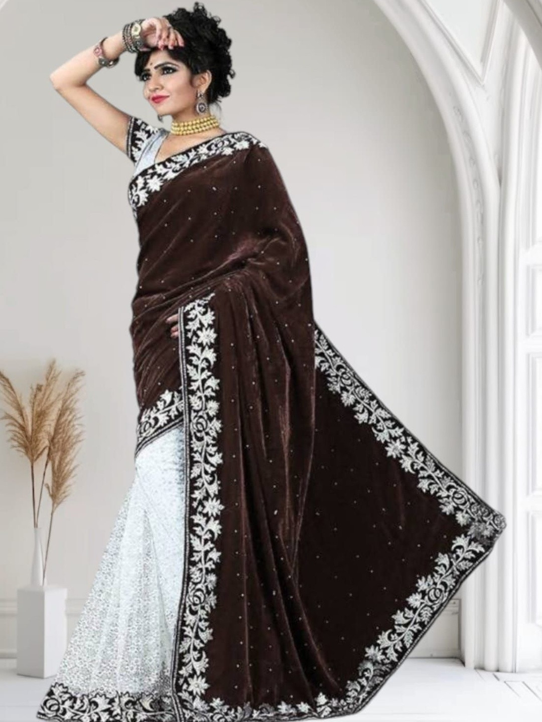 fashion field  Embellished Embroidered Velvet Beads and Stones Work Saree
