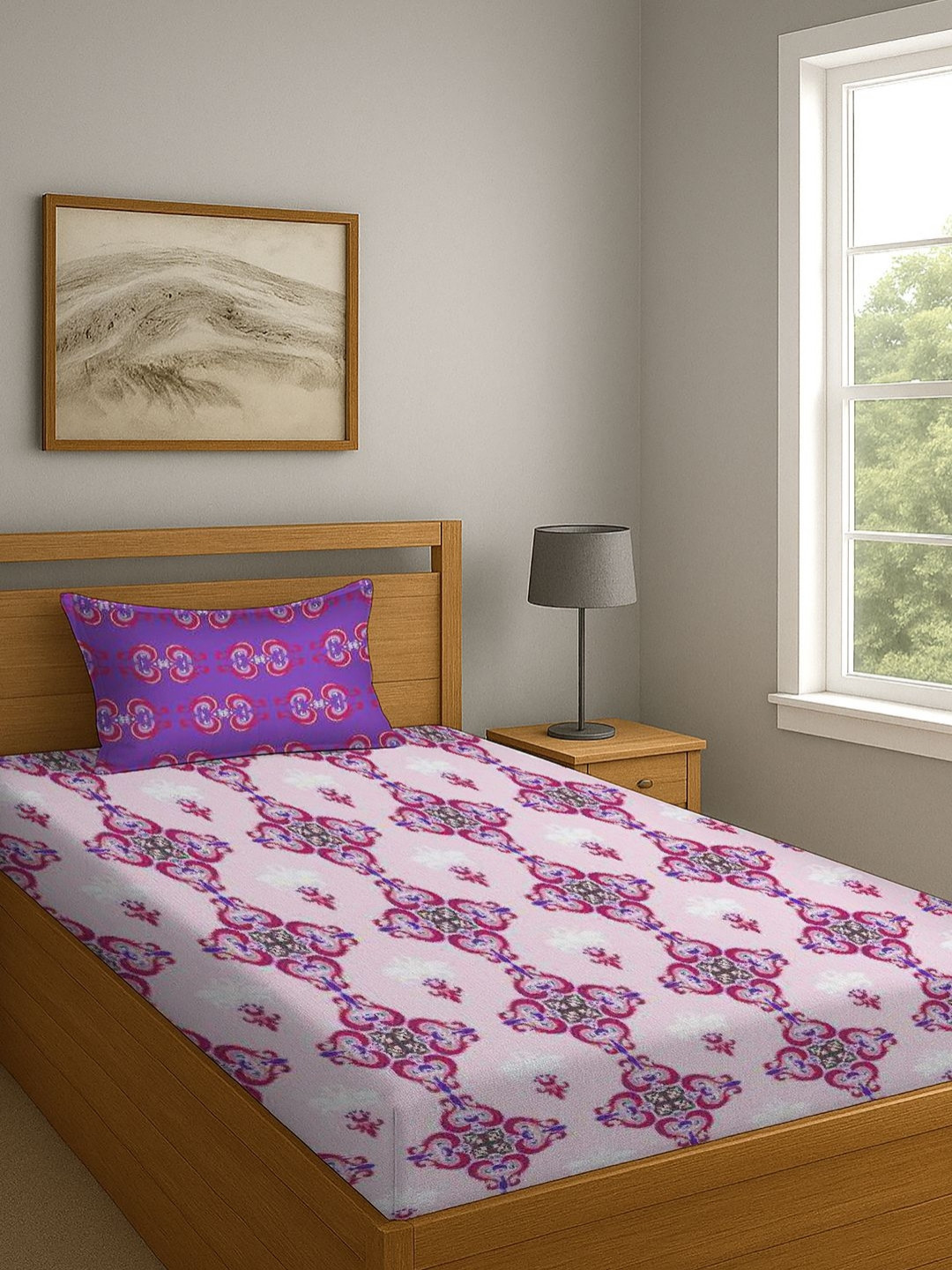 BOMBAY DYEING Blumen Purple Floral 104 TC Pure Cotton Single Bedsheet With 1 Pillow Cover