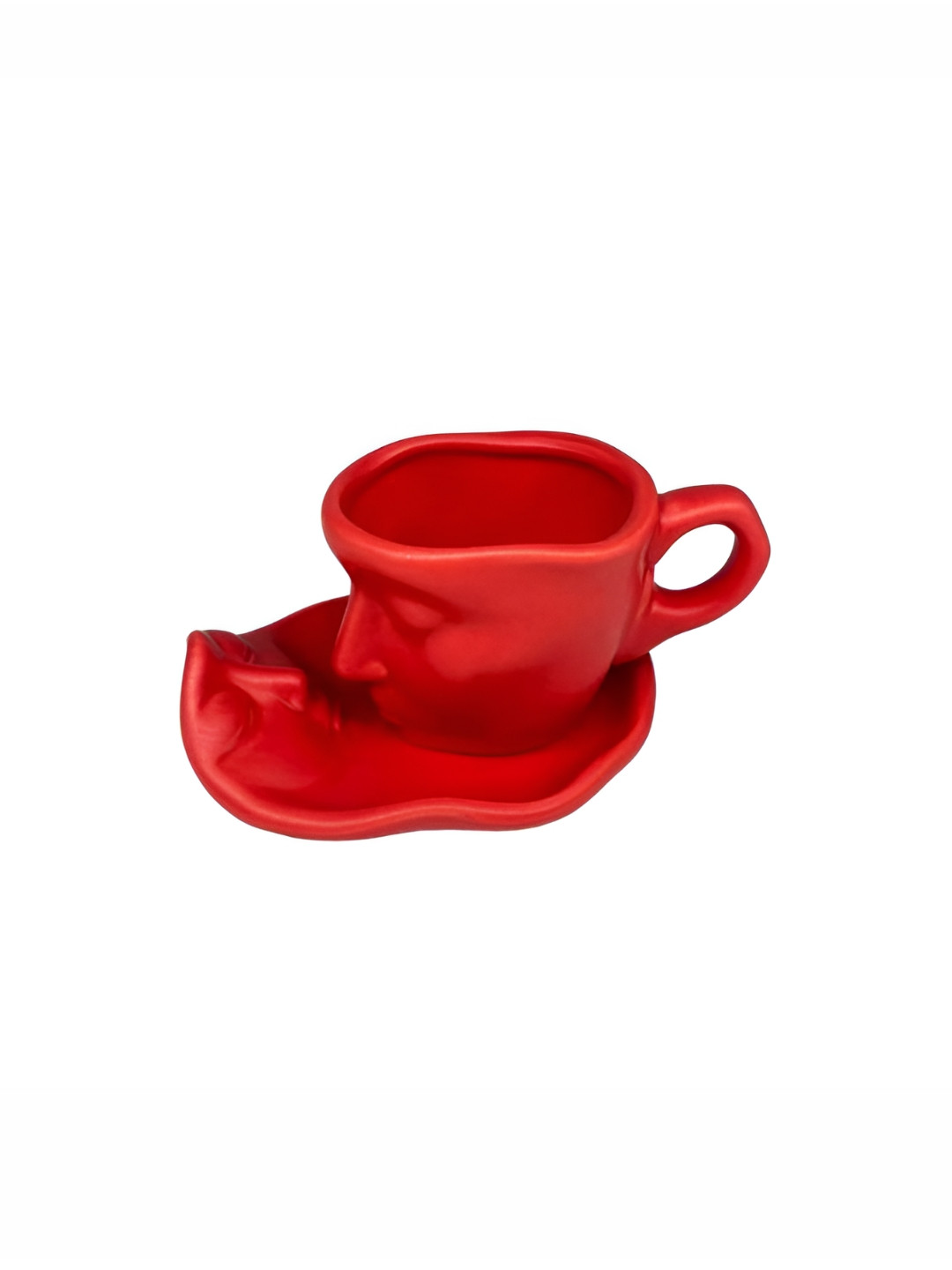 NOSCOMP Red & Black 4 Pieces Artistic Face Profile Ceramic Glossy Cups And Saucers