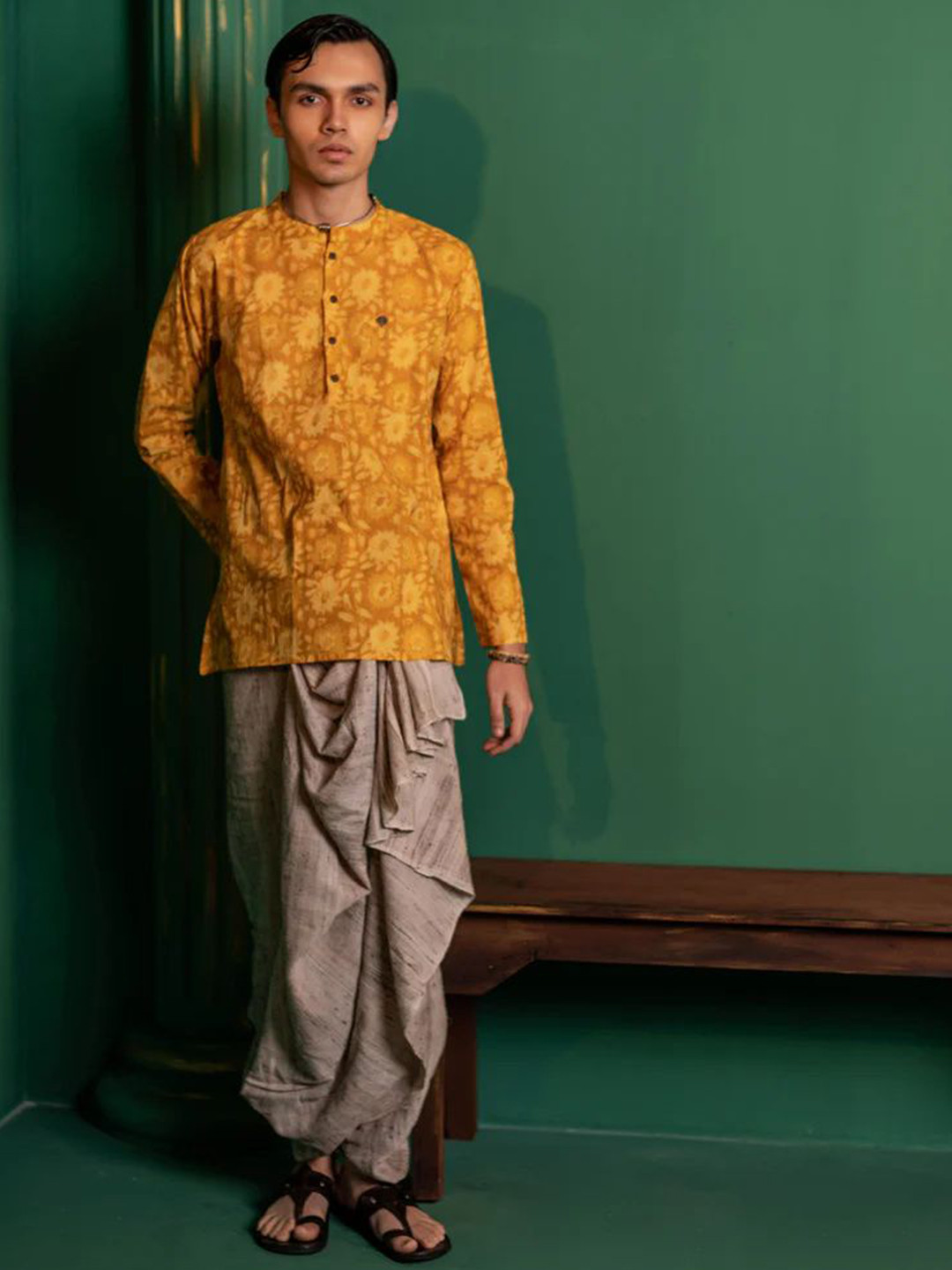 VANCHA Men Yellow Long Sleeves Mandarin Collar Floral Printed Cotton Casual Kurtas