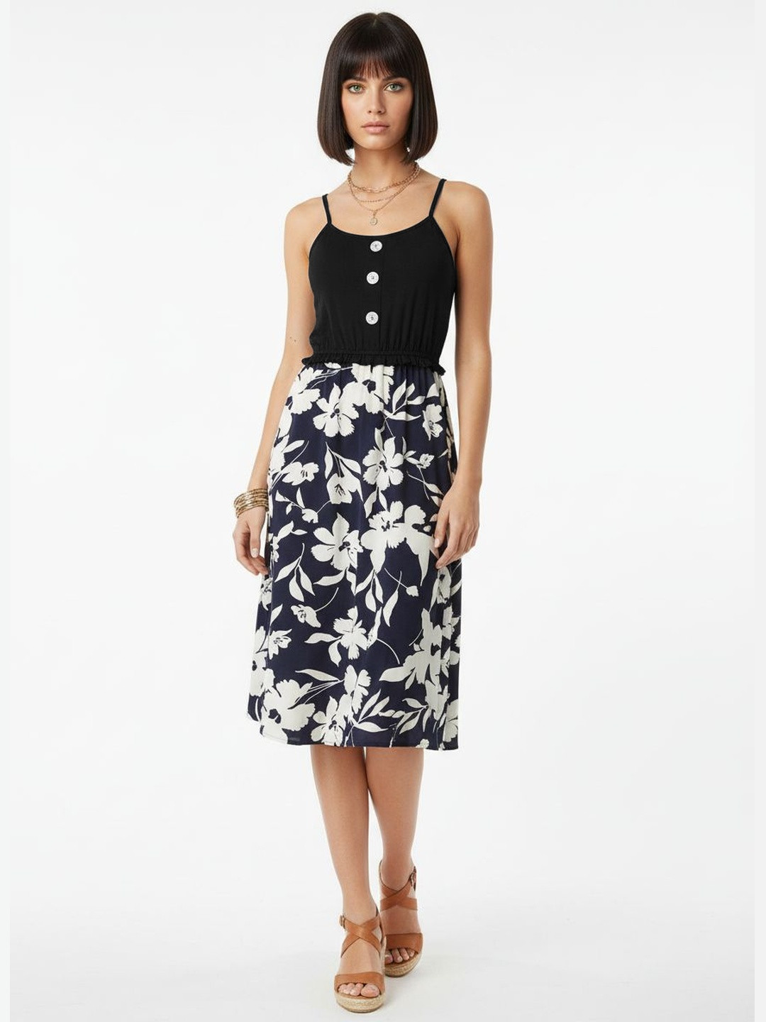 DressBerry Floral Print Button Detailing Shoulder Straps A-Line Midi Dress