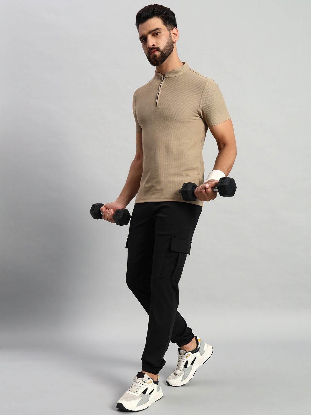 ATICX Men Brand Logo Mandarin Collar Antimicrobial Slim Fit T-shirt