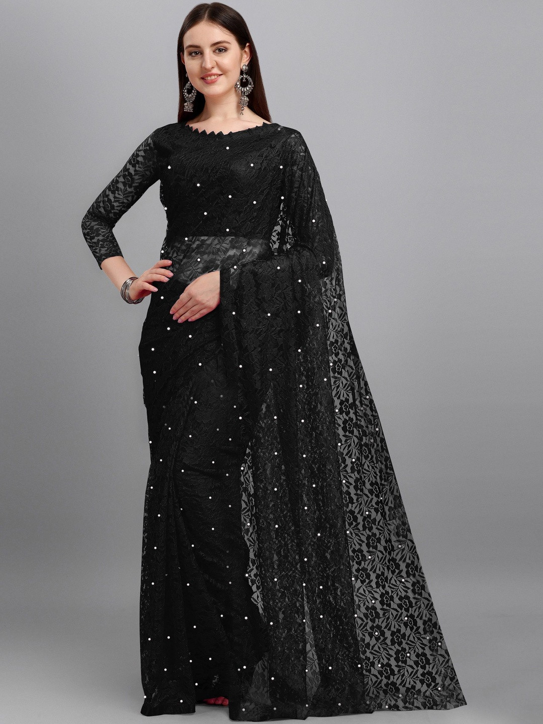 fashion field Floral Beads and Stones Net Saree