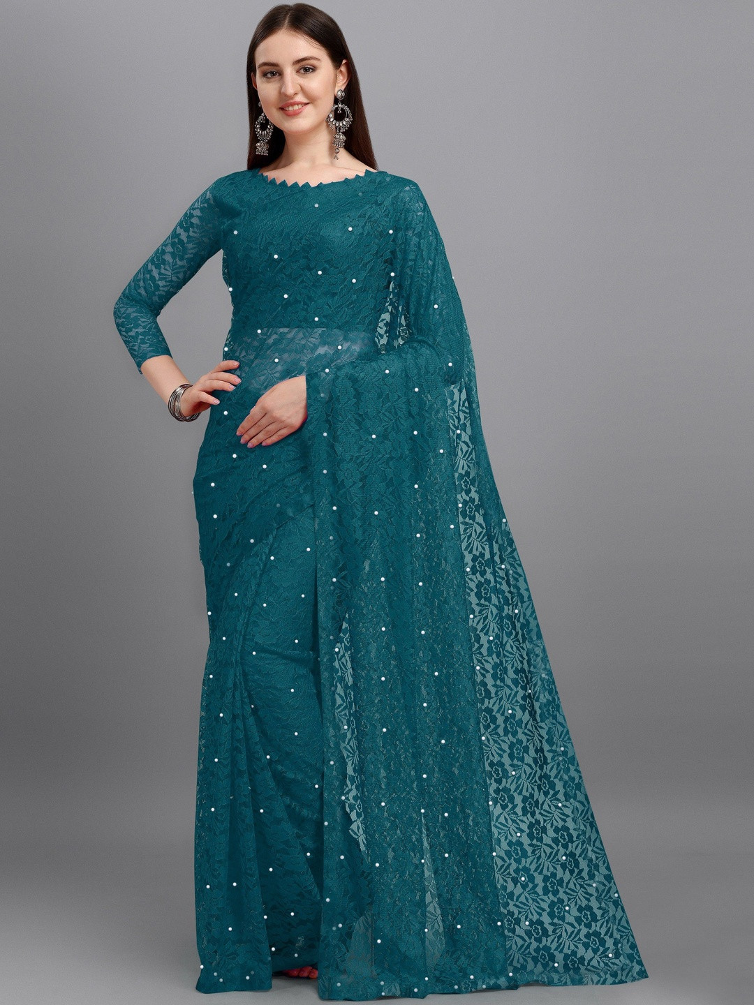 fashion field Rama Rasal Floral Beads and Stones Net Saree