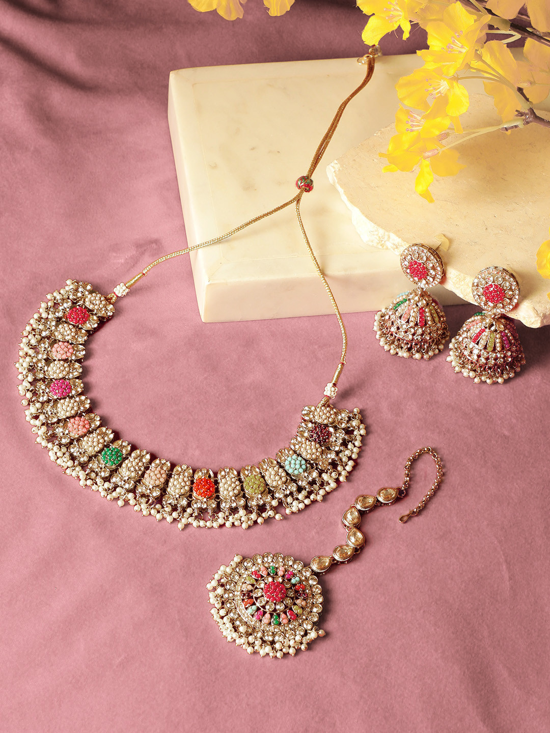 YANSHIKA Gold-Plated Kundan & Ruby Studded Jewellery Set