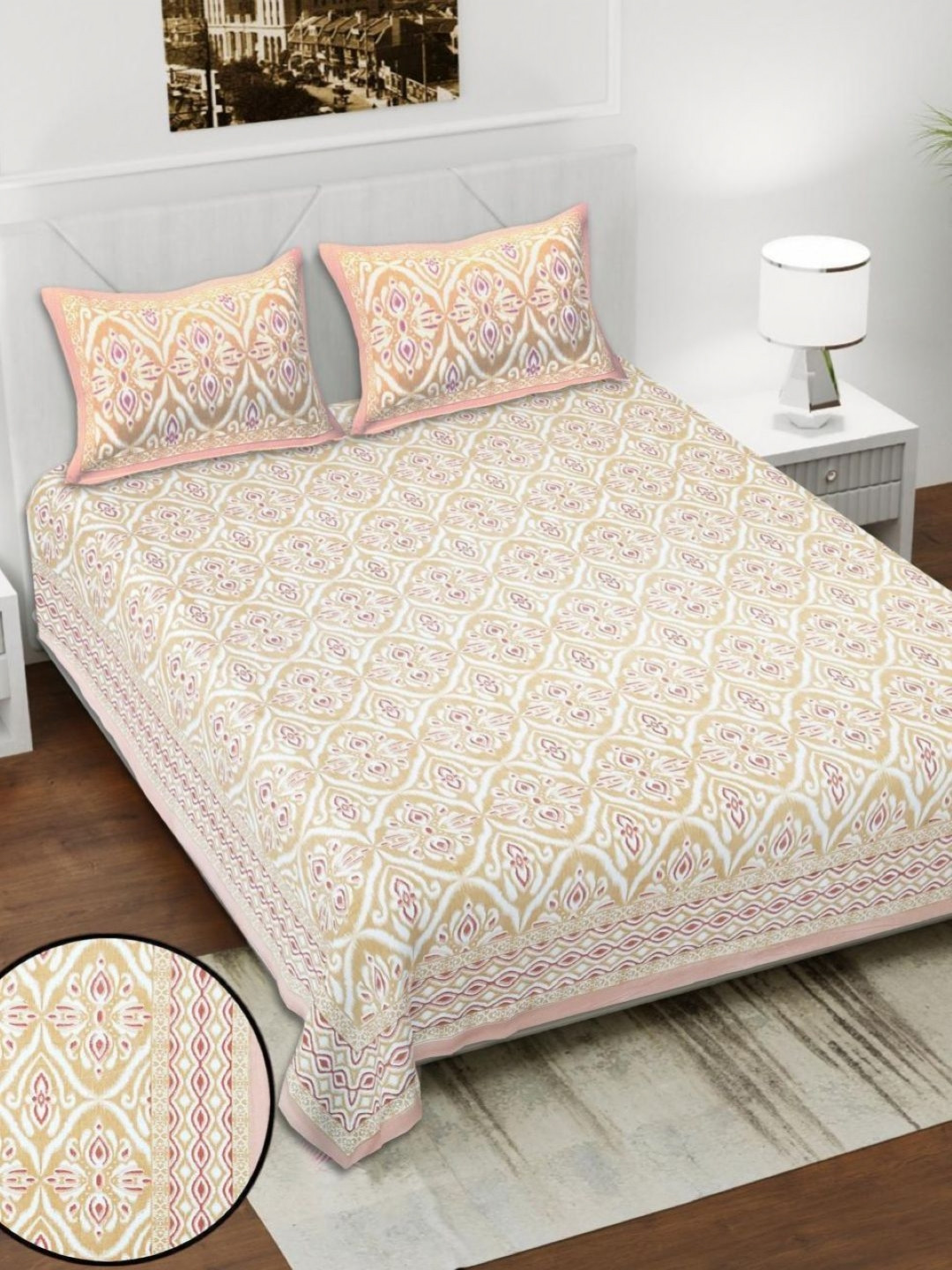 Bedbathandbliss Cream Ethnic Motifs Printed 200 TC Bedsheet Set 2.54 m x 2.75 m