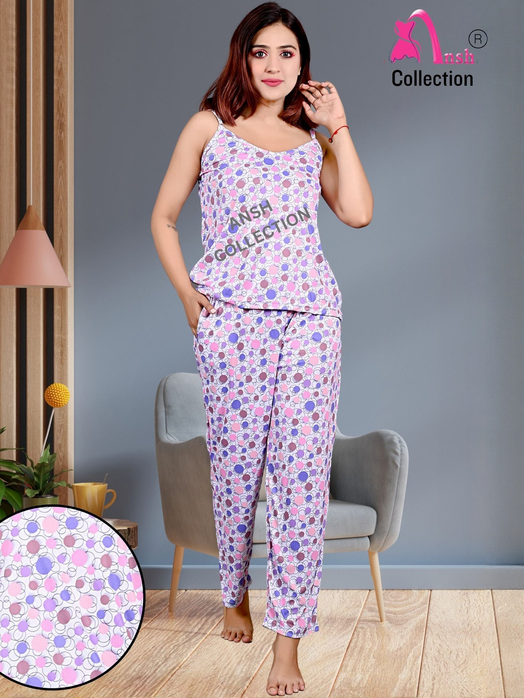 Clothus Women Purple Satin Geometric Printed Round Neck Top Slip-On Pyjamas Night suits