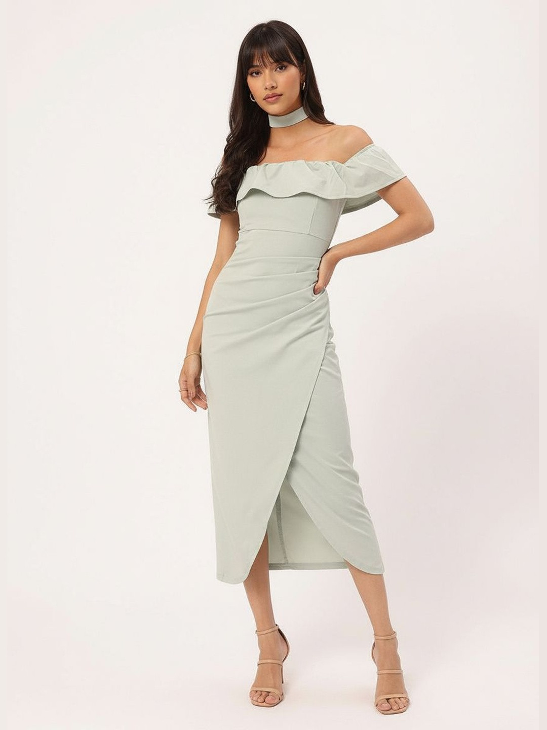 DressBerry Grecian Goddess Off-Shoulder Pleated Midi Dress