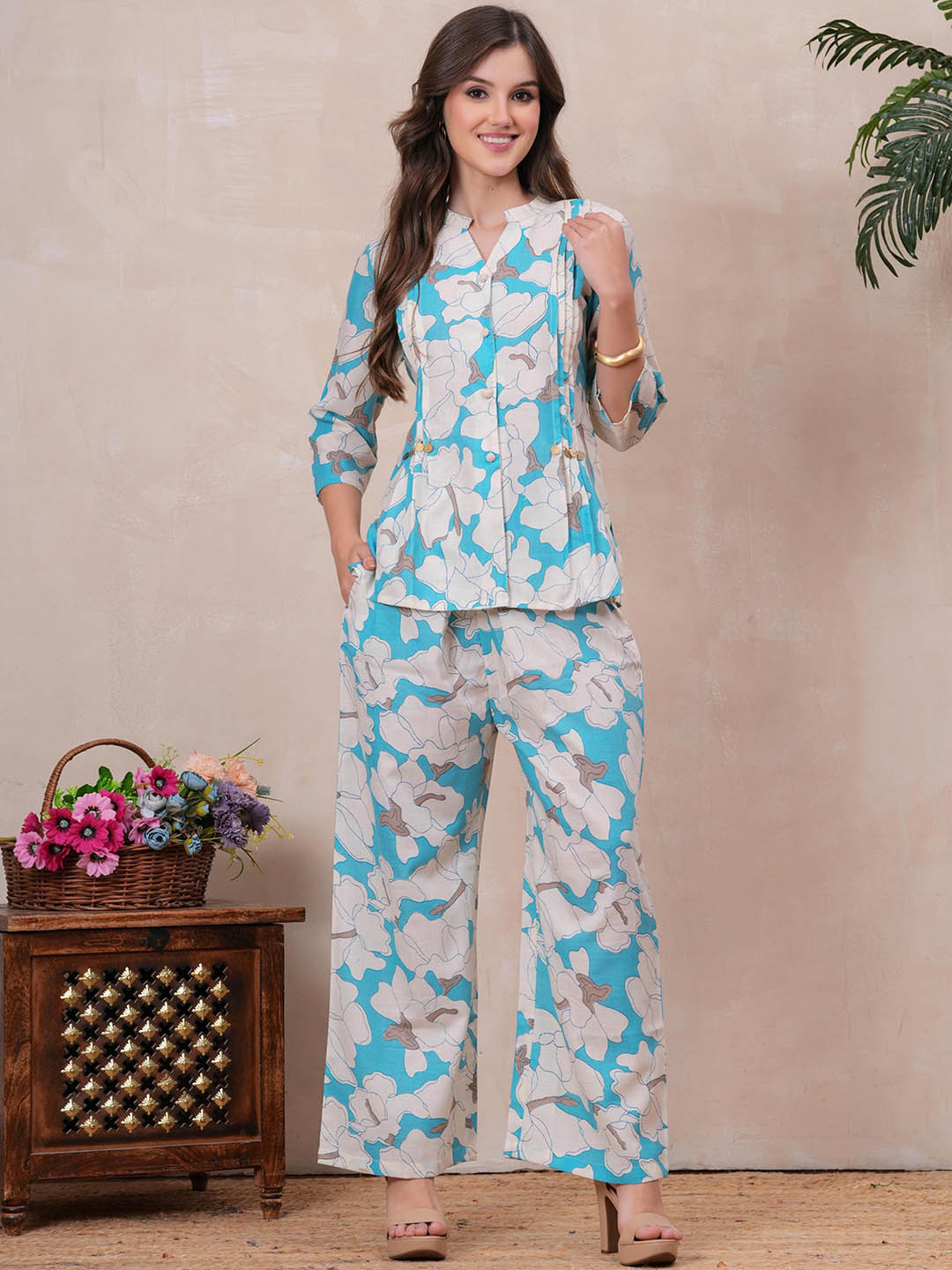OH MI DIOS Teal Blue Printed Tunic with Trousers