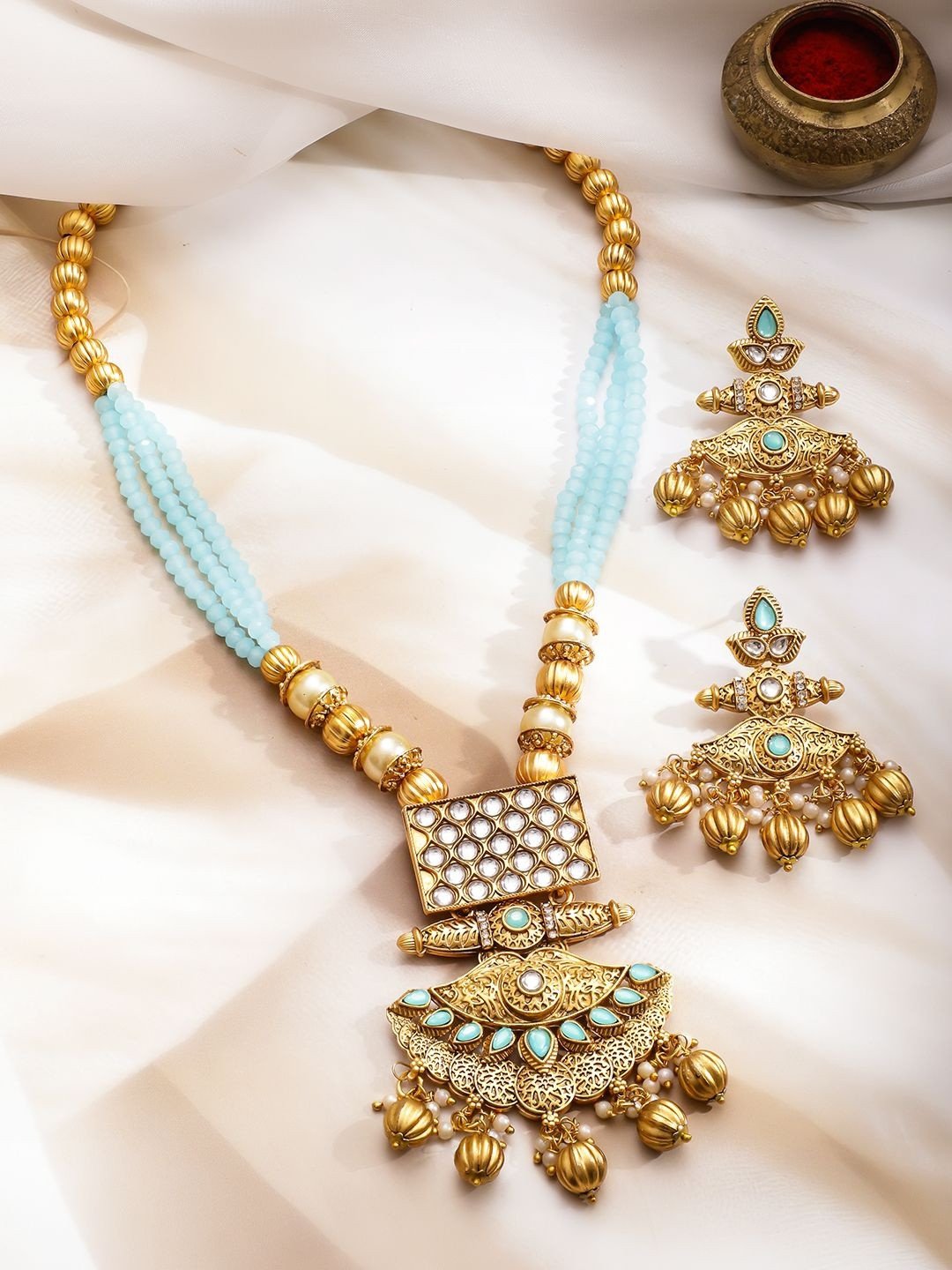 Rubans 22K Gold-Plated Aqua Blue Beads, White Kundan & Turquoise Stones Long Necklace Set