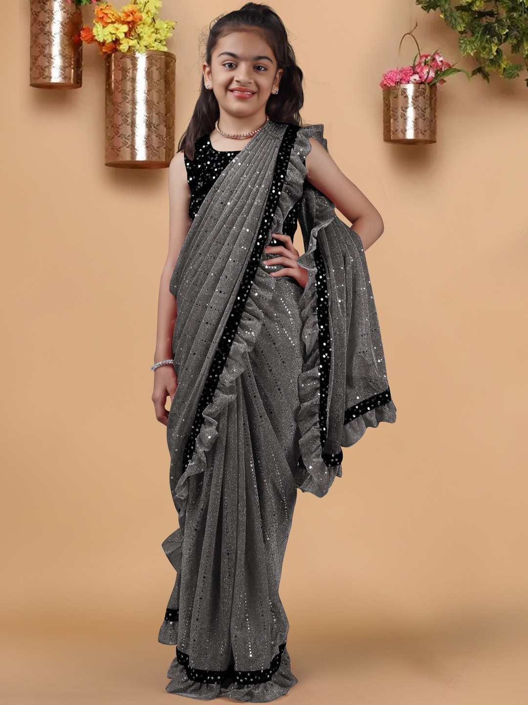 fashion field Girls Solid Embellished Sequinned field Saree With Blouse Piece