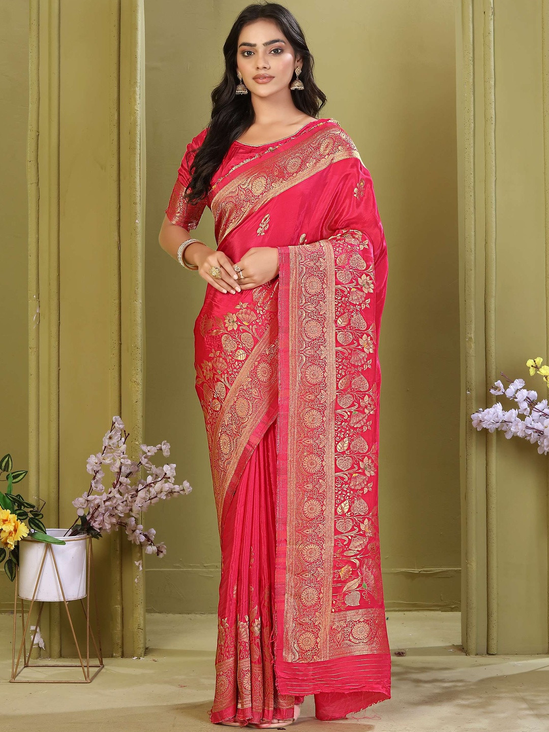 RUDIT CREATION Solid Woven Design Zari Saree With Blouse Piece