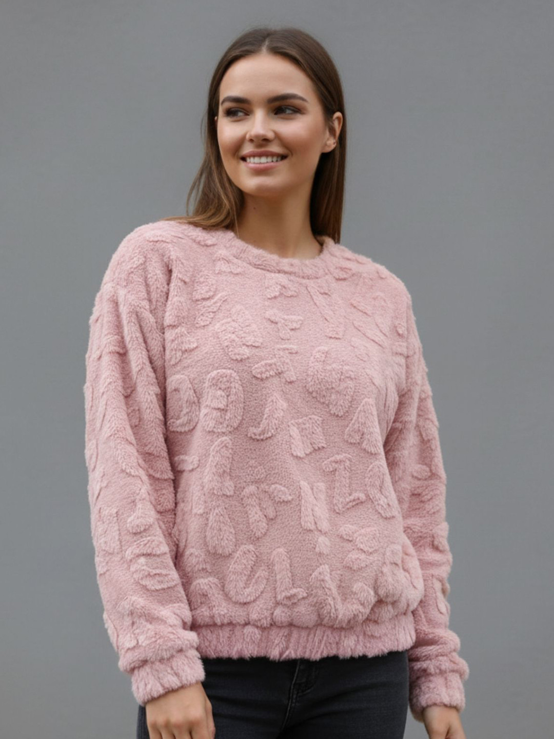 Wineberry Women Self Design Typography Round Neck Pullover Sweatshirt