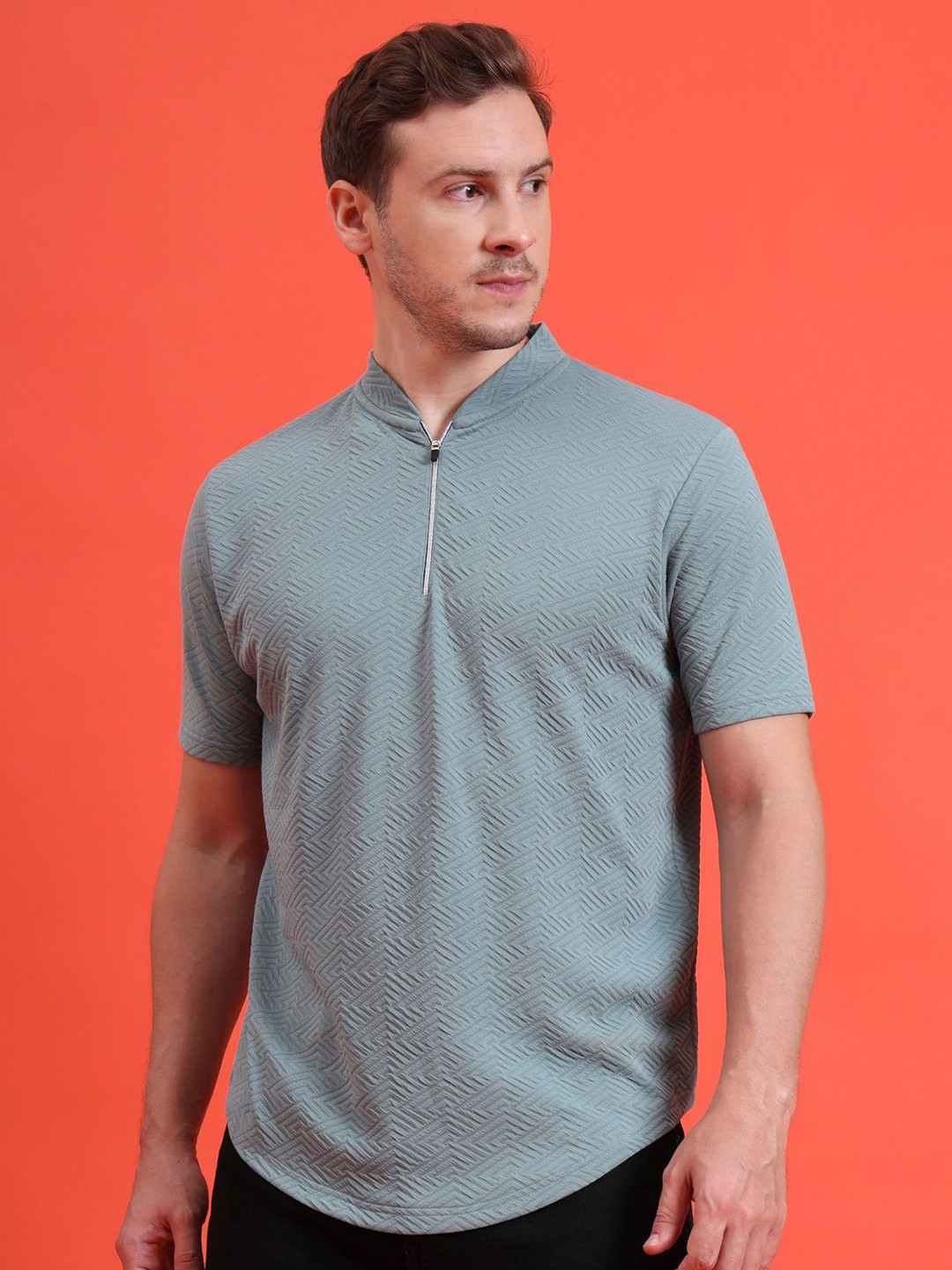 Eppe Men Mandarin Collar Tee Casual Wear Half Sleeve Polyester Textured T-shirt