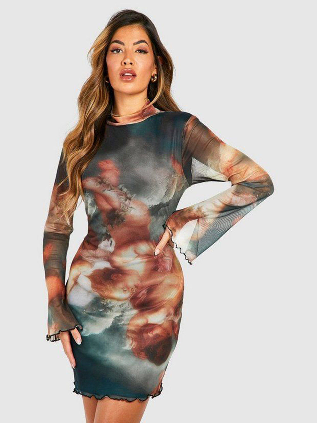 clobug Women Graphic Print Mock Neck Net Bodycon Mini Dress