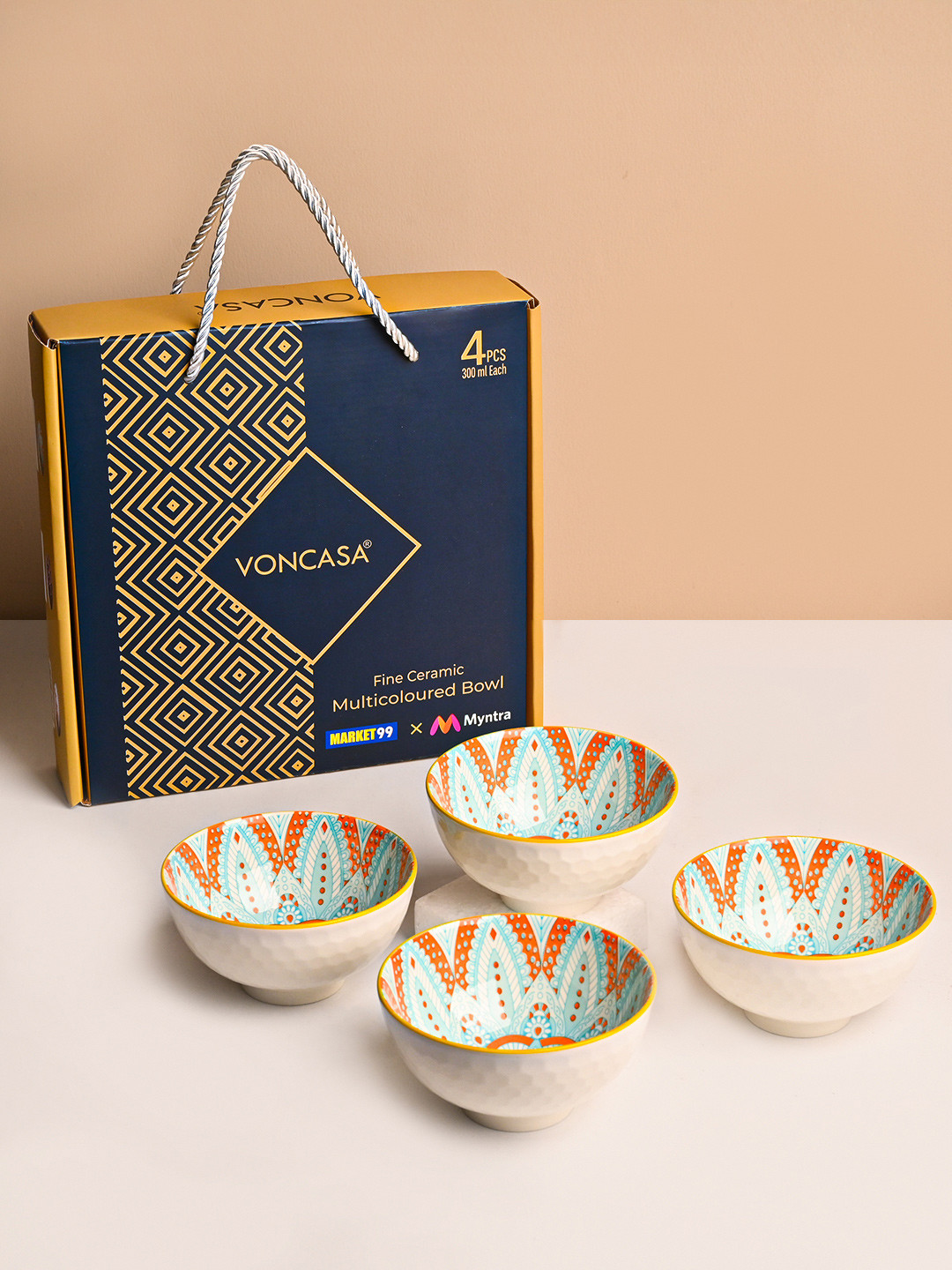 MARKET99 Blue & Orange 4 Pieces Pad Printed Ceramic Bowls