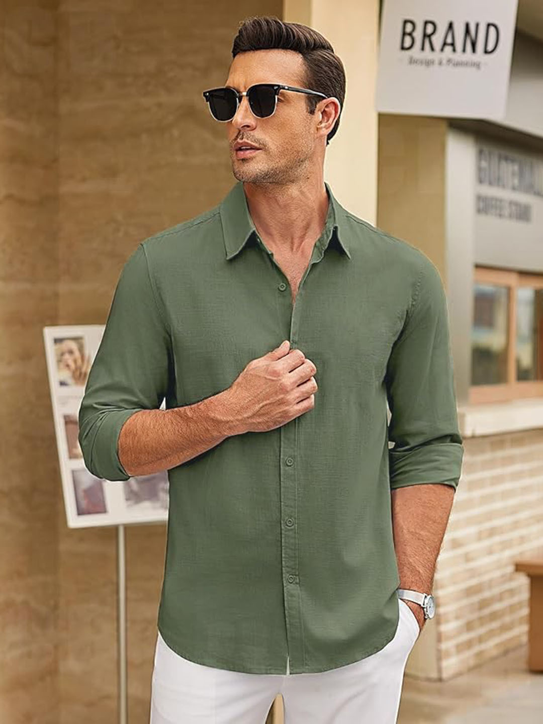 CB-COLEBROOK Men Solid Spread Collar Linen Casual Shirt