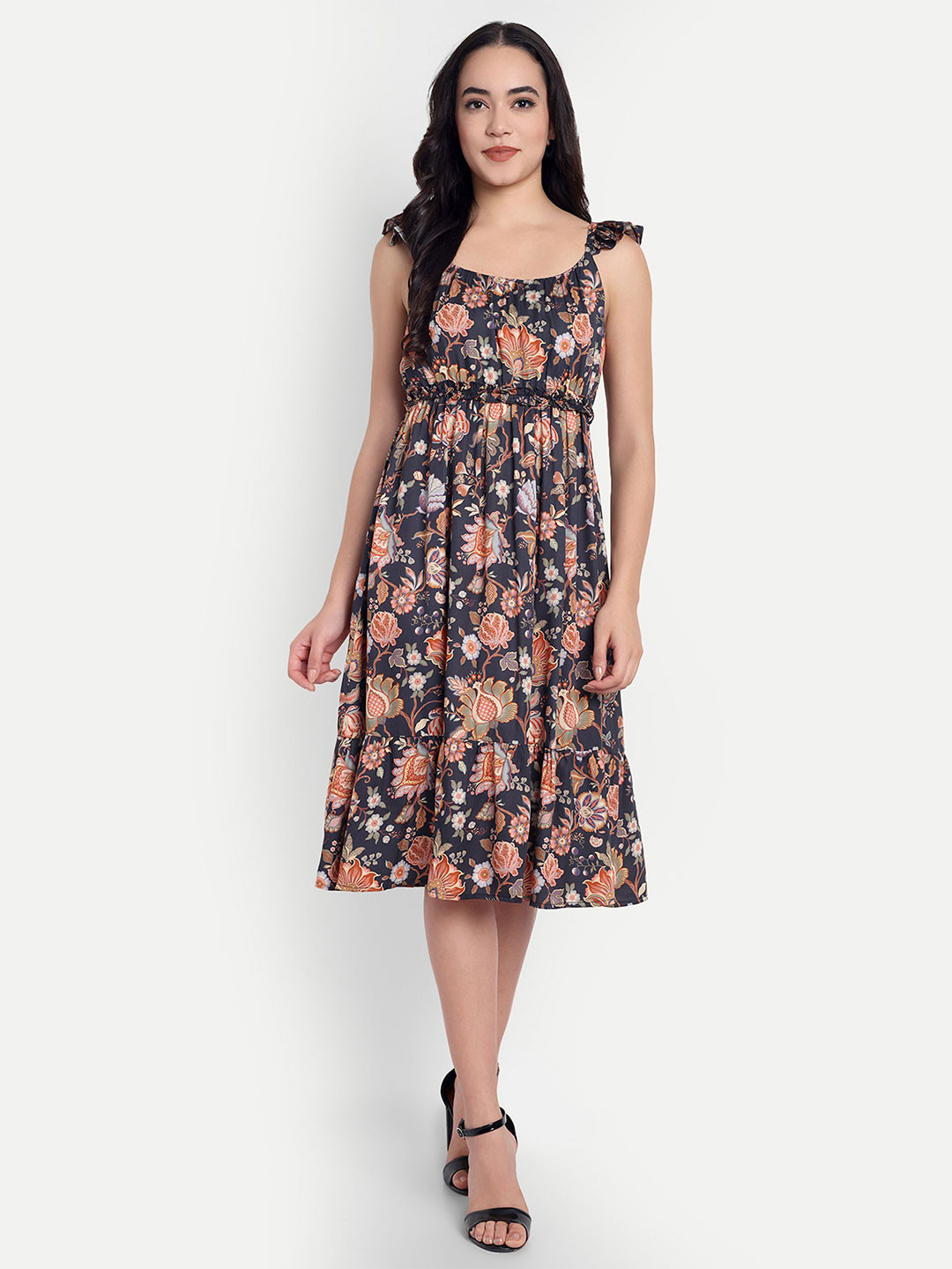 FairLeaf Floral Printed Gathered or Pleated Fit & Flare Knee Length Dress