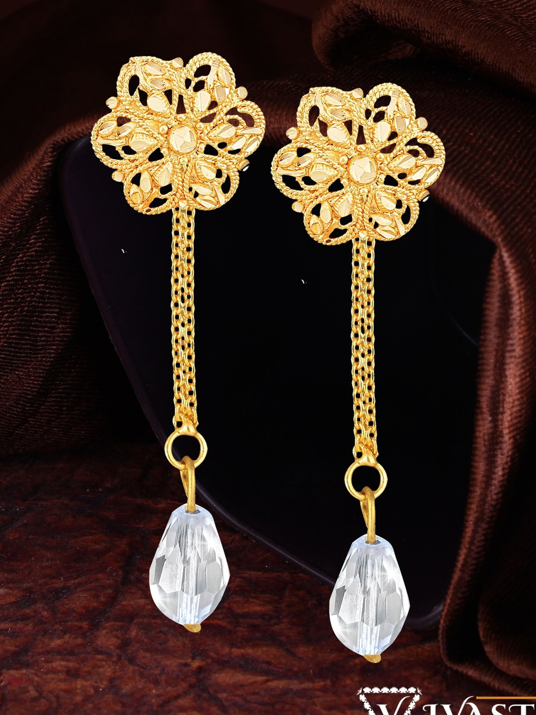 VIVASTRI Gold Plated Crystal Diamond Beaded Floral Shaped Studs With Ear Chains