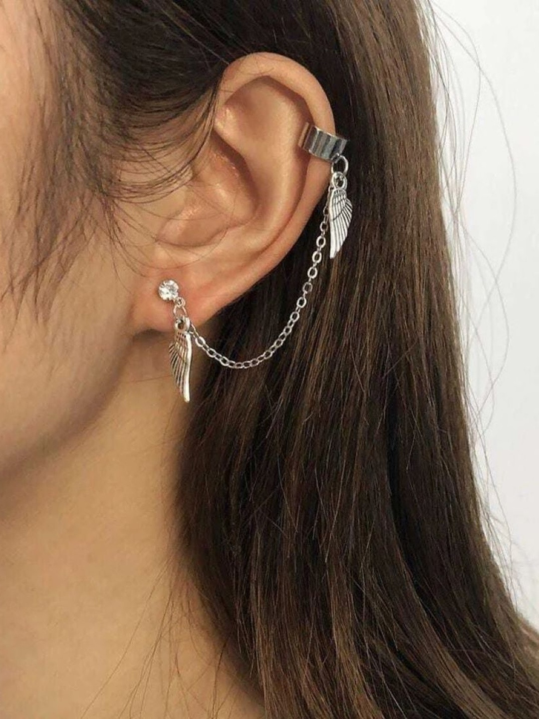 Jewelfy Women Dual Wing Chain & Cuff Earring Alloy Stud Earring