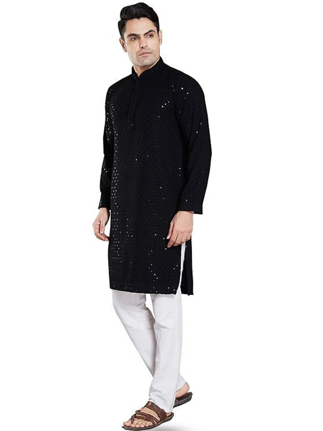 trutsous Men Geometric Woven Design Mandarin Collar Chikankari Kurta