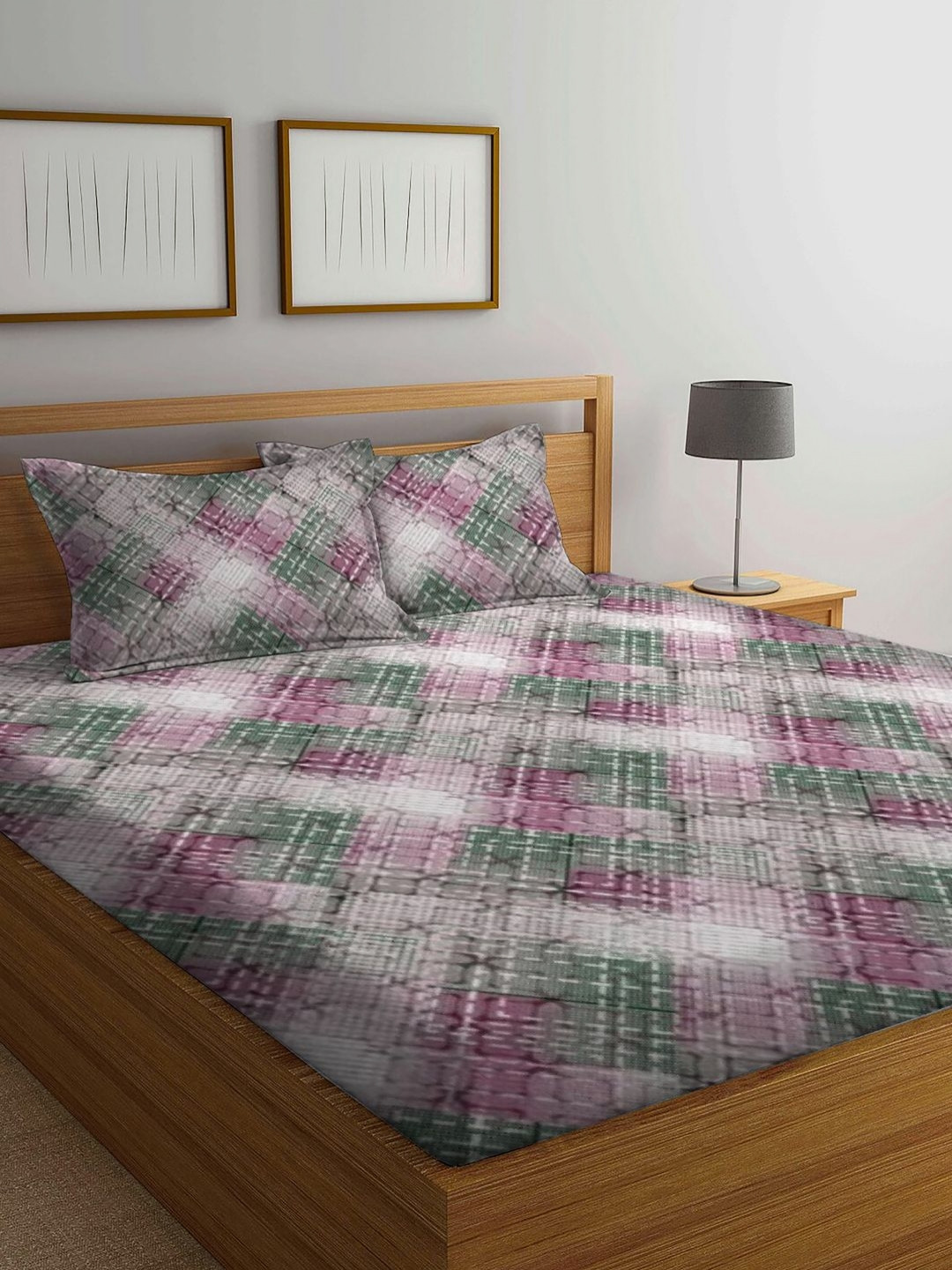 BOMBAY DYEING Cardinal Pink Geometric 120 TC Pure Cotton Bedsheet With 2 Pillow Covers