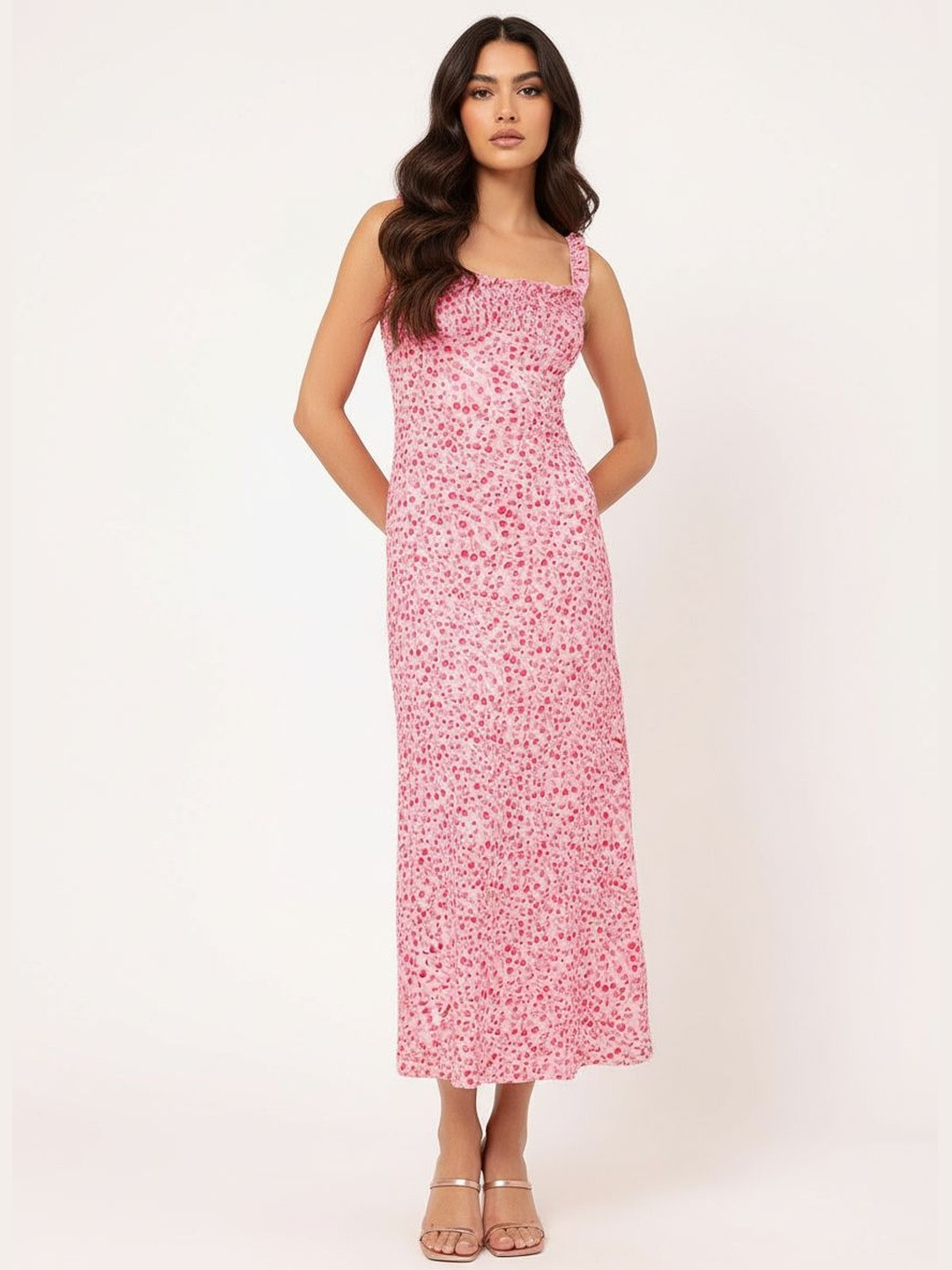 DressBerry Pink Floral Maxi Dress with Strappy Ruffles