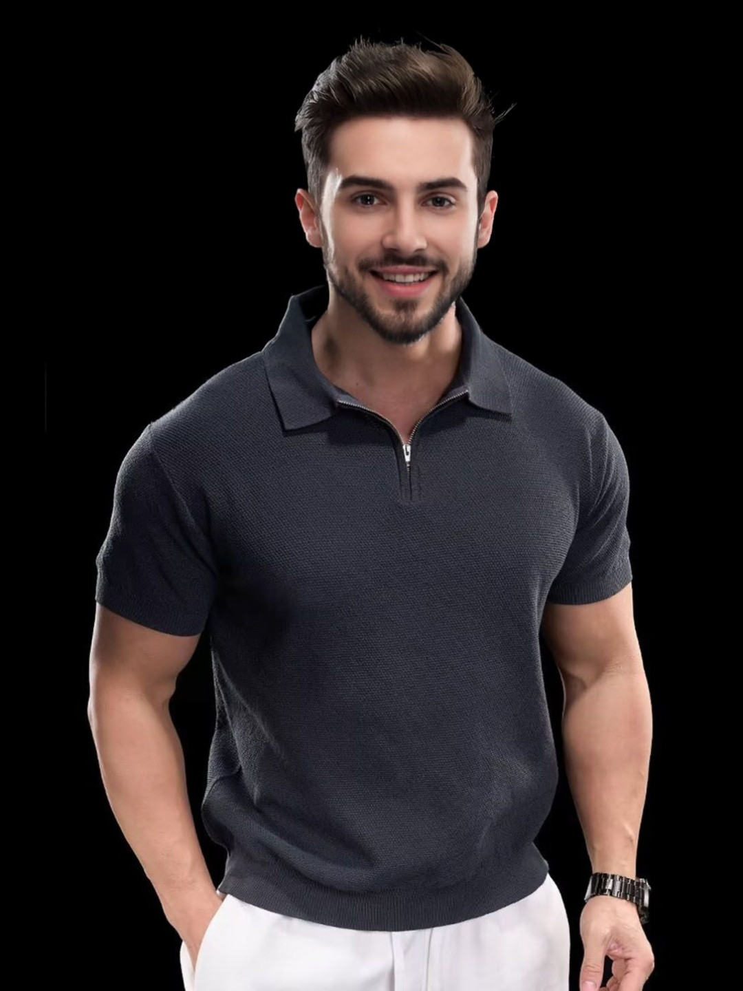 StyleCast Men Muscle Fit Self Design Polo Collar T-shirt