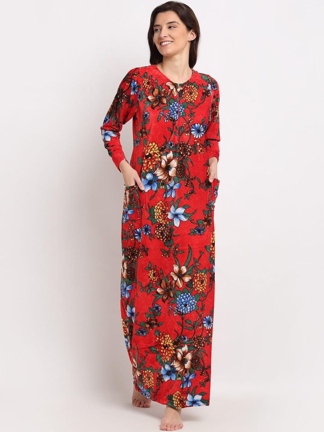Overlock Women Red Floral Printed Round Neck Fleece Maxi Nightdress