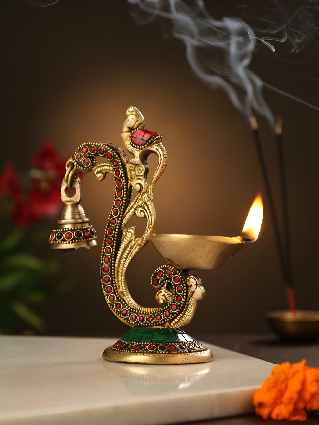 Revive Home Gold Toned & Red Textured Bird Lamp With Bell