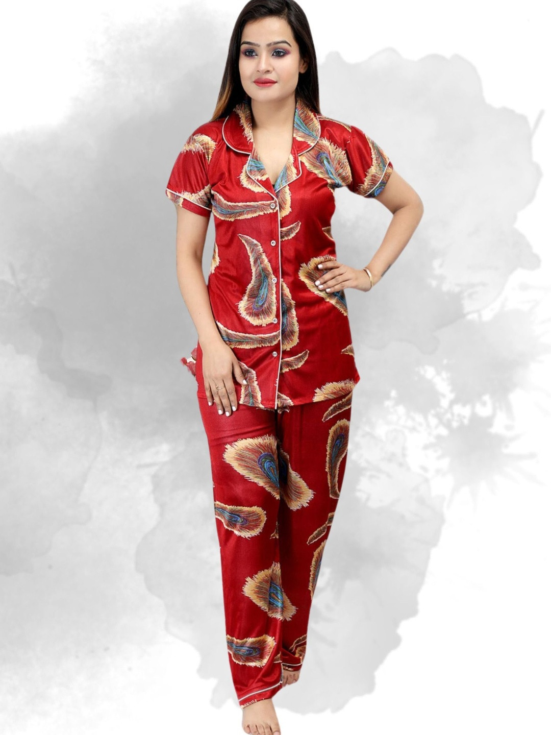 Clothus Women Floral Printed Lapel Collar Shirt & Pyjamas Night suits