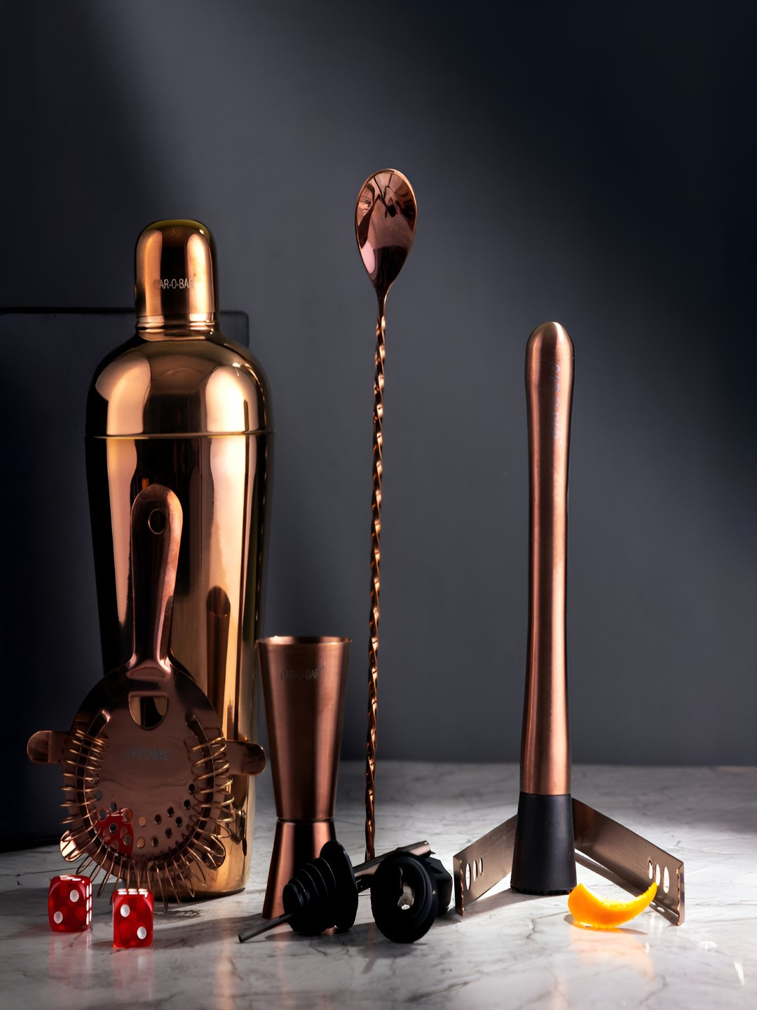 Car-O-Bar Stainless Steel Copper-Toned 10 Pieces Barware Tool Sets 750 ML