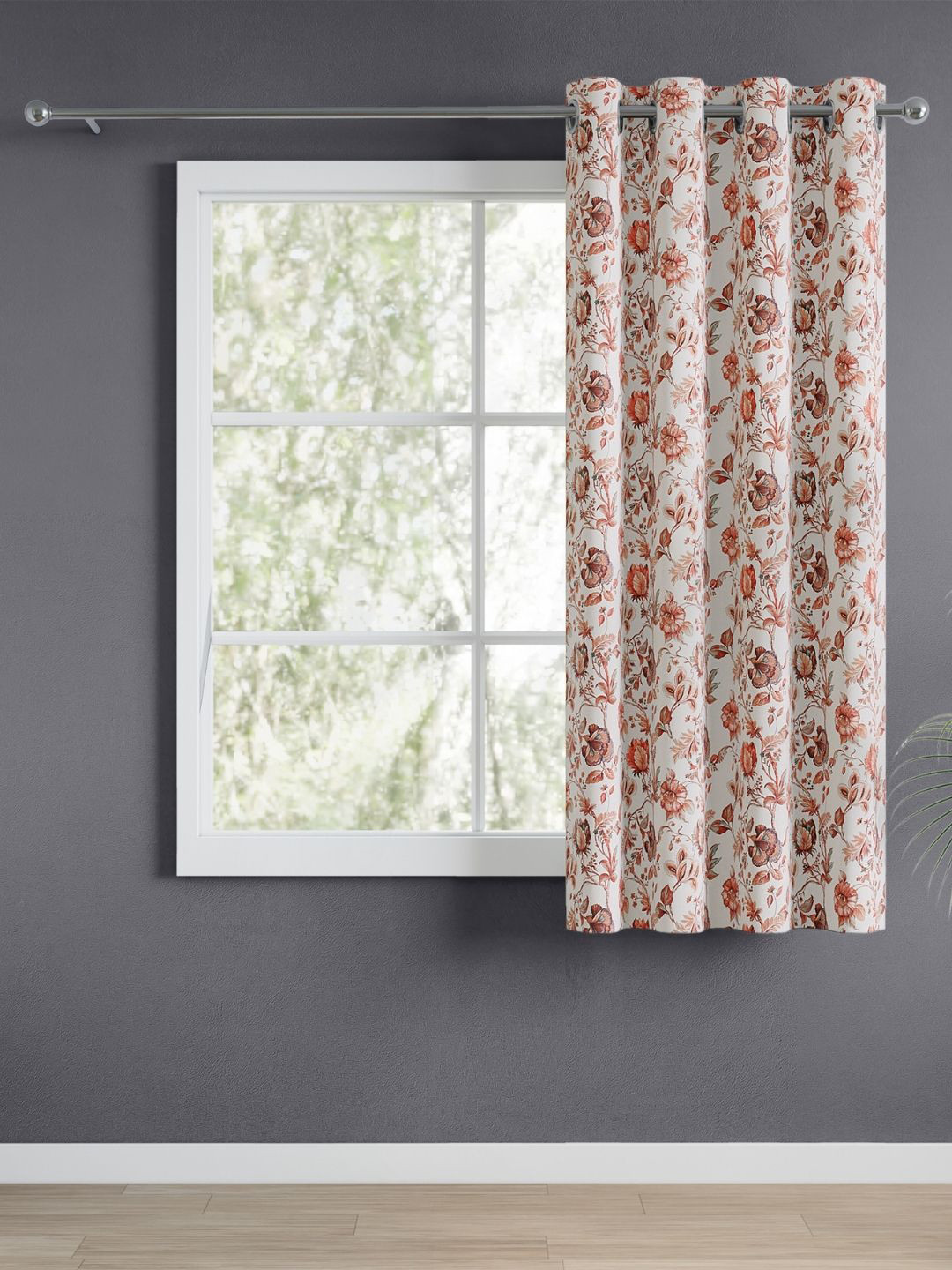 haus & kinder White & Orange Floral Room Darkening Window Curtain