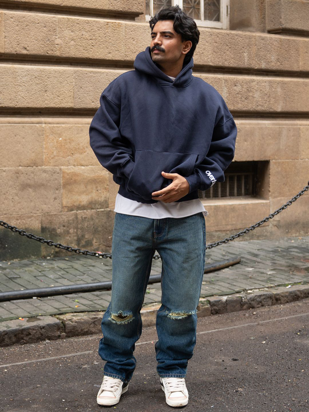 Powerlook Men Pure Cotton Dark Blue Slash Knee Baggy Jeans