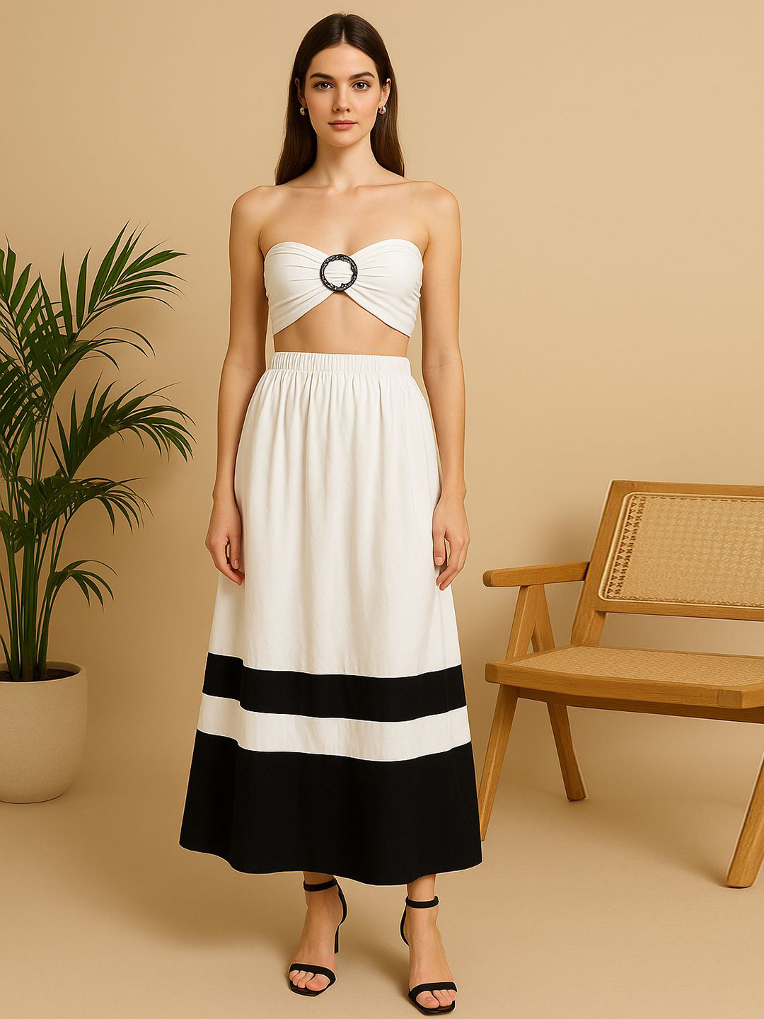 Blissence Women White and Black Off Shoulder Pure Cotton Top with Skirt