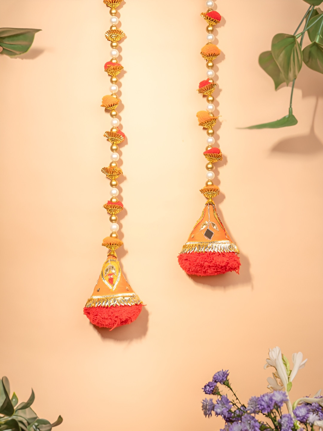 The Zappy Box 2 Pieces Gold Toned And Red Pom Pom Drop Door Hanging