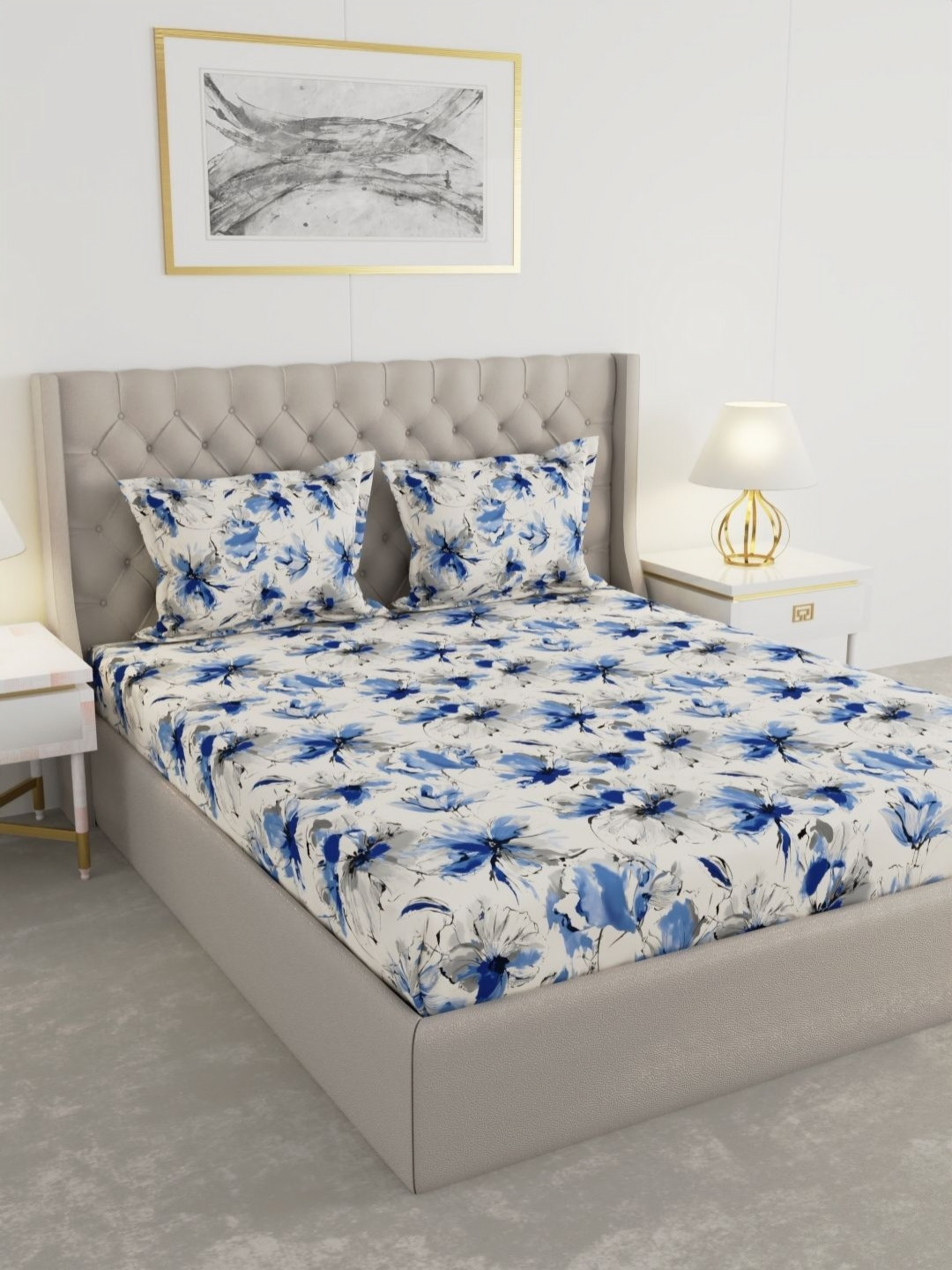 Raymond Home White & Blue Printed 100 TC Queen Bedsheet Set-2.25 m x 2.50 m